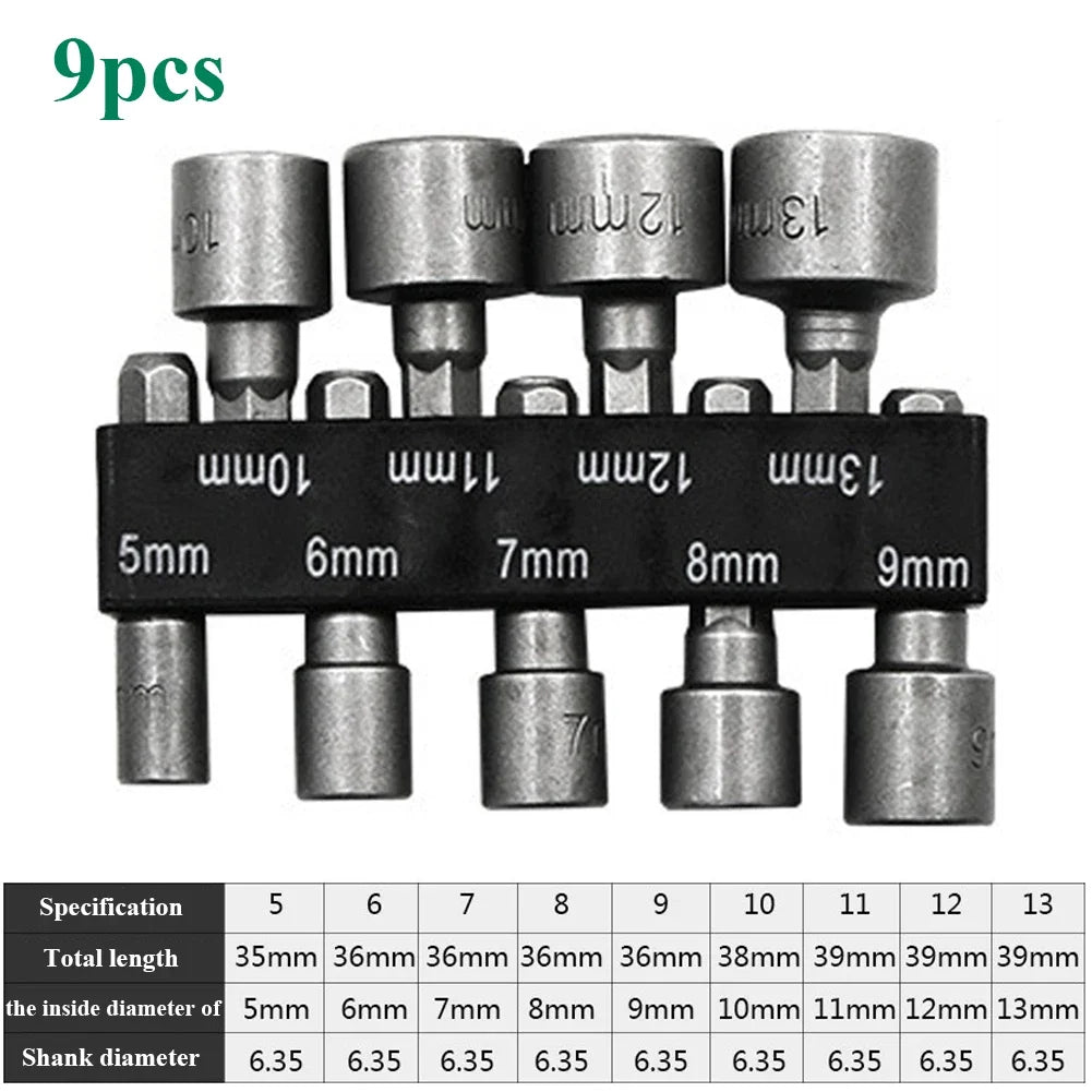 9pcs/set 5mm-13mm Hex Sockets Sleeve Nozzles Nut Driver Set Screwdriver Set Schroevendraaier Set Bits Sets Tools Socket Wrenches